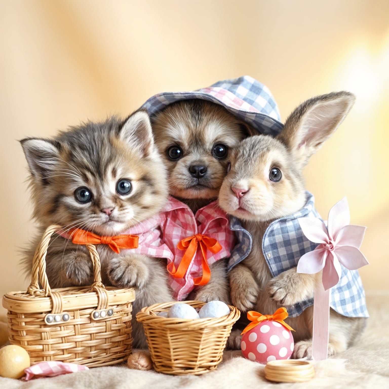 Adorable Kitten, Puppy, and Bunny Picnic in Gingham