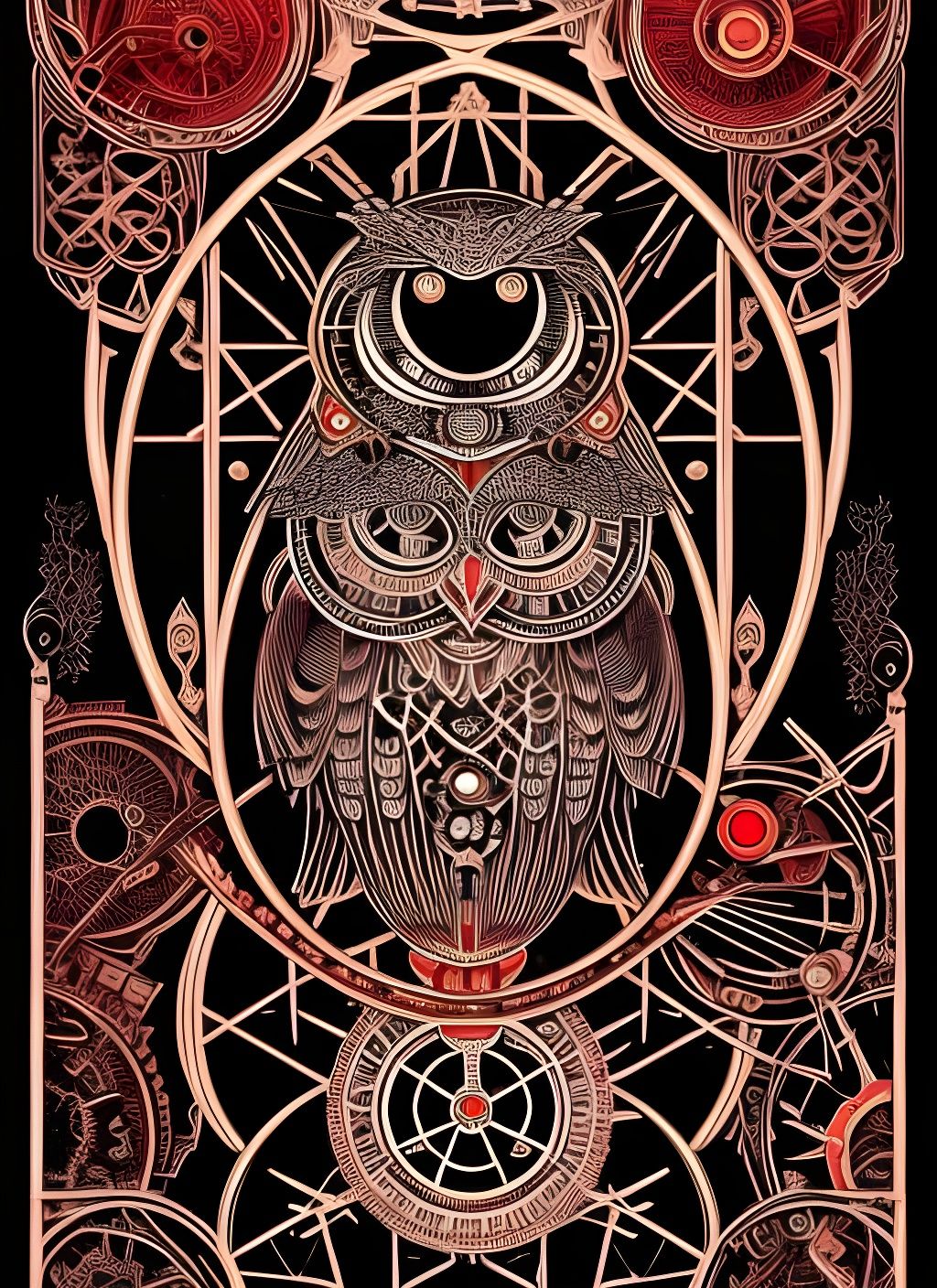 Steampunk Mechanical Owl Tarot Card in Art Nouveau Style