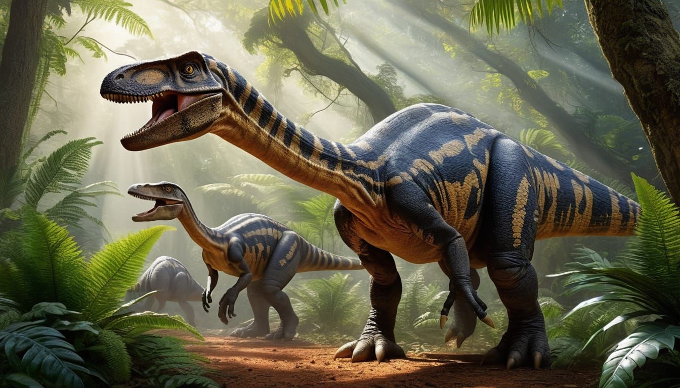 Lush Jurassic Jungle Scene with Dinosaurs