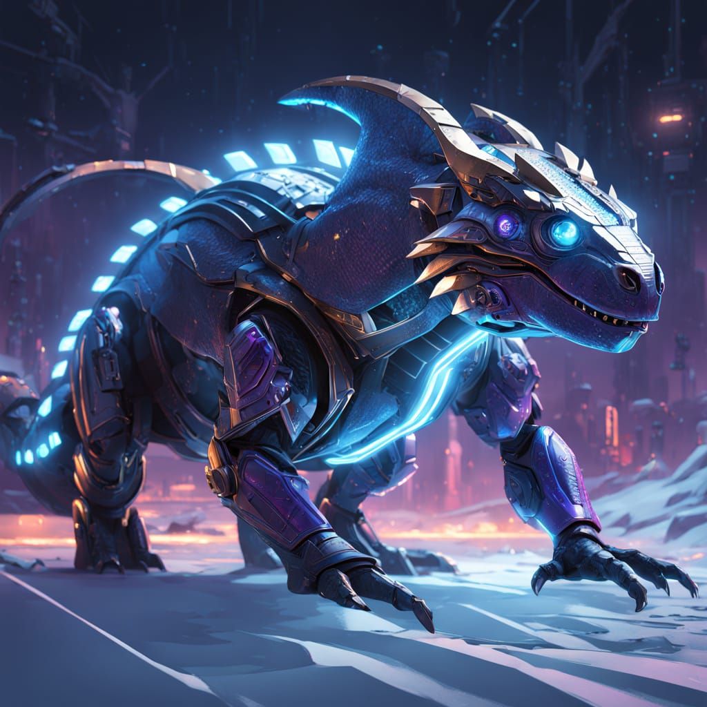 Cyberpunk Komodo Dragon Concept Art in Snowy Futuristic Land...