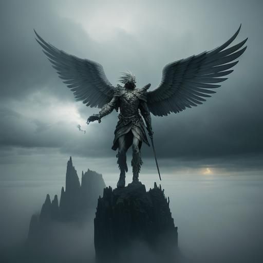 Ethereal Angel in Stormy Landscape: Baroque Style