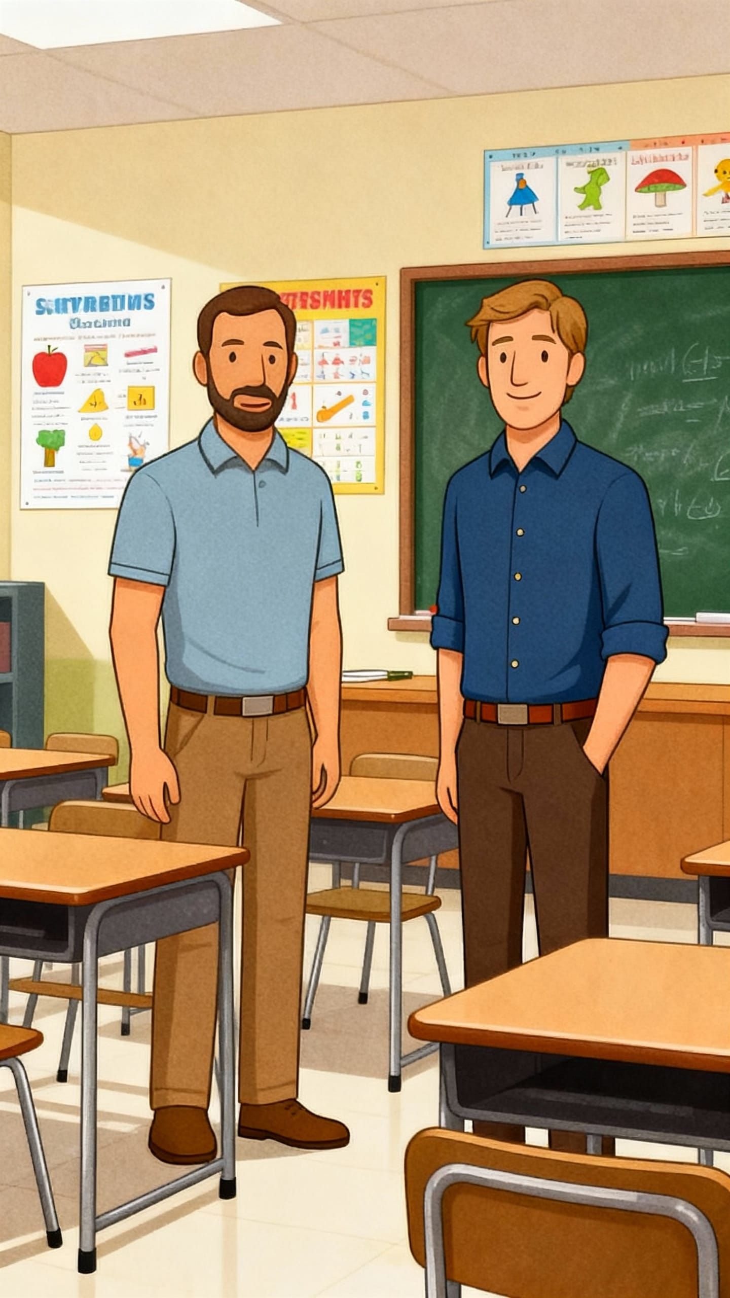 Two Men Pondering in a Classroom