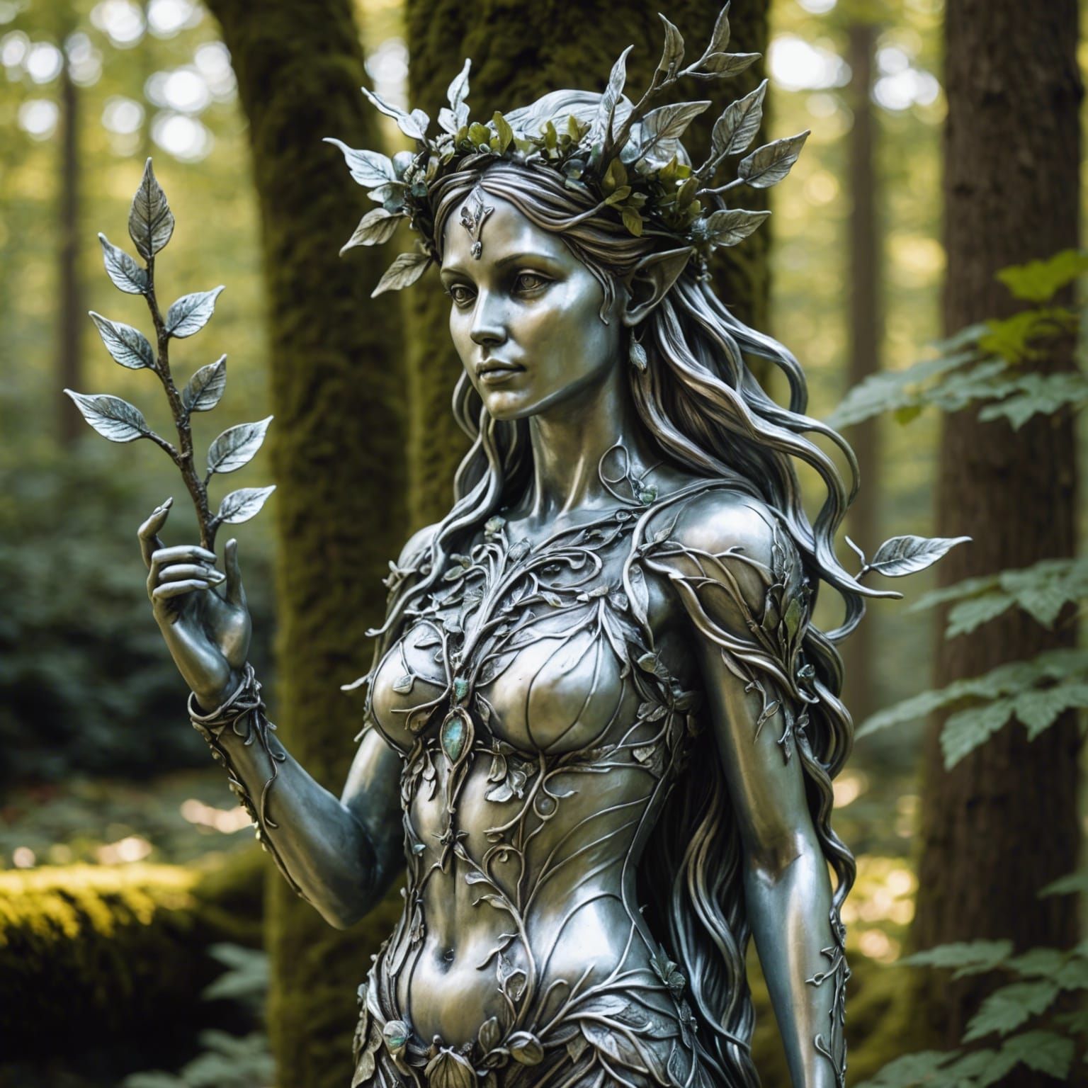 Elegant Silver Dryad Statue