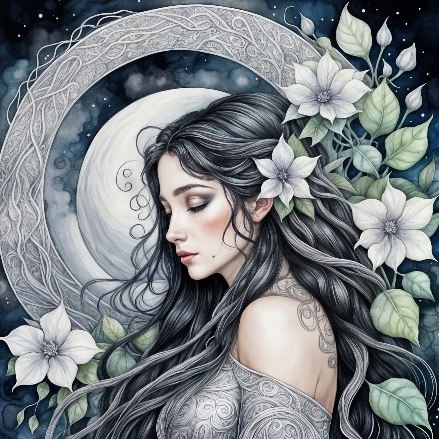 Silver Moon Goddess in Abstract Zentangle Style