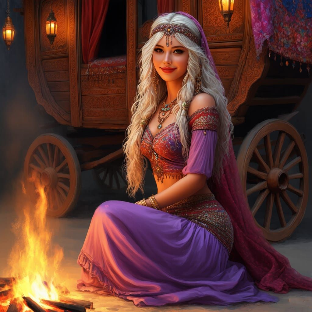 Semi-Realistic Gypsy Sorceress in Campfire Glow