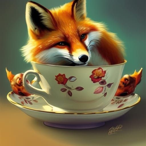 Fox in Teacups: Hyperdetailed Digital Portrait