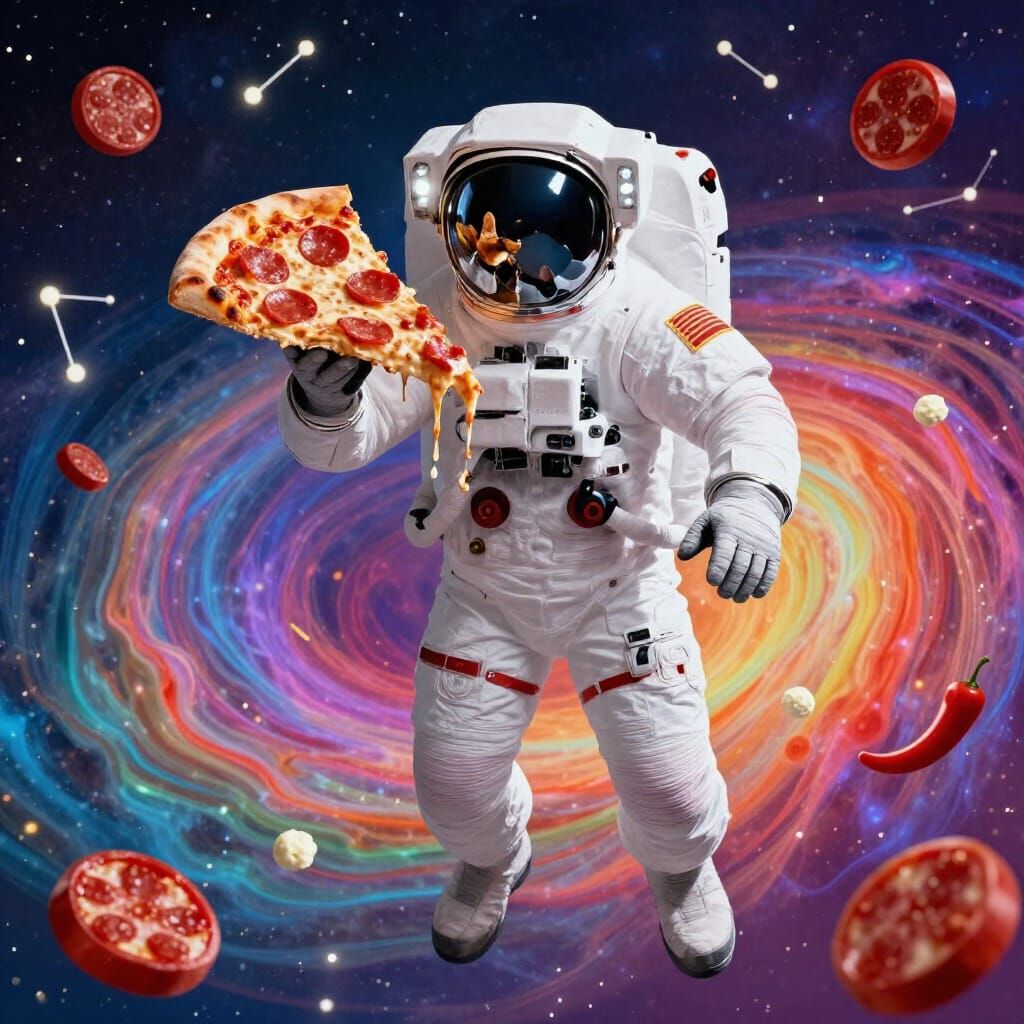 Astronaut Eating Pizza in Surreal Candy Void