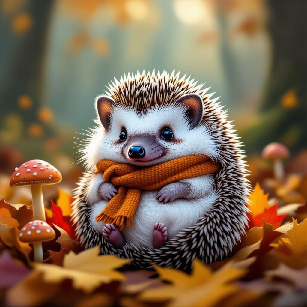 Cute Hedgehog in Autumn Leaves with Soft Lighting