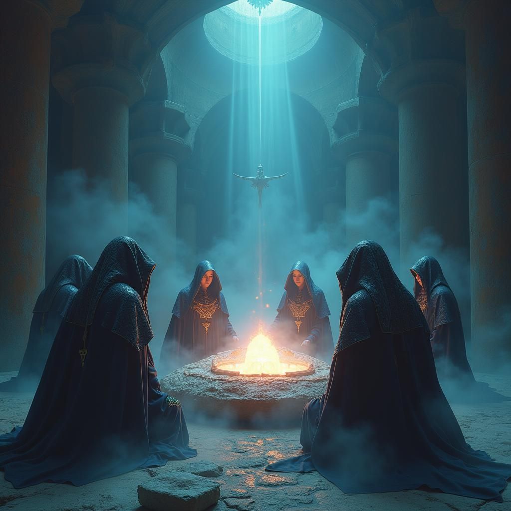 Mystical Chamber Meeting in Cyberpunk Surrealist Style