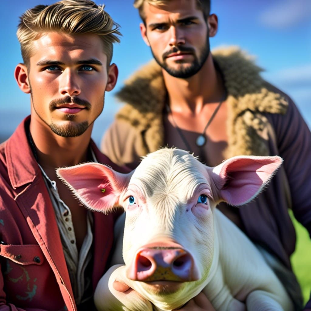 Handsome farmers with cow