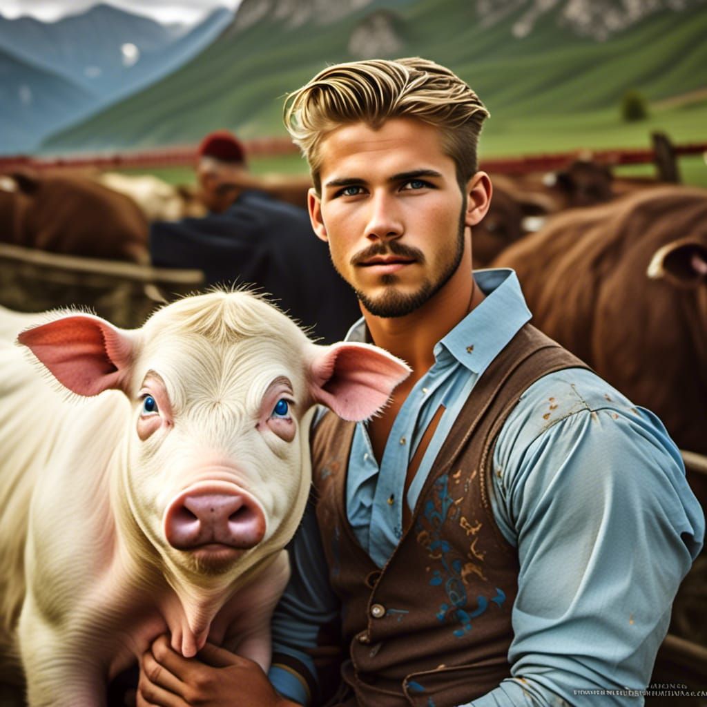 Handsome farmer with his animals