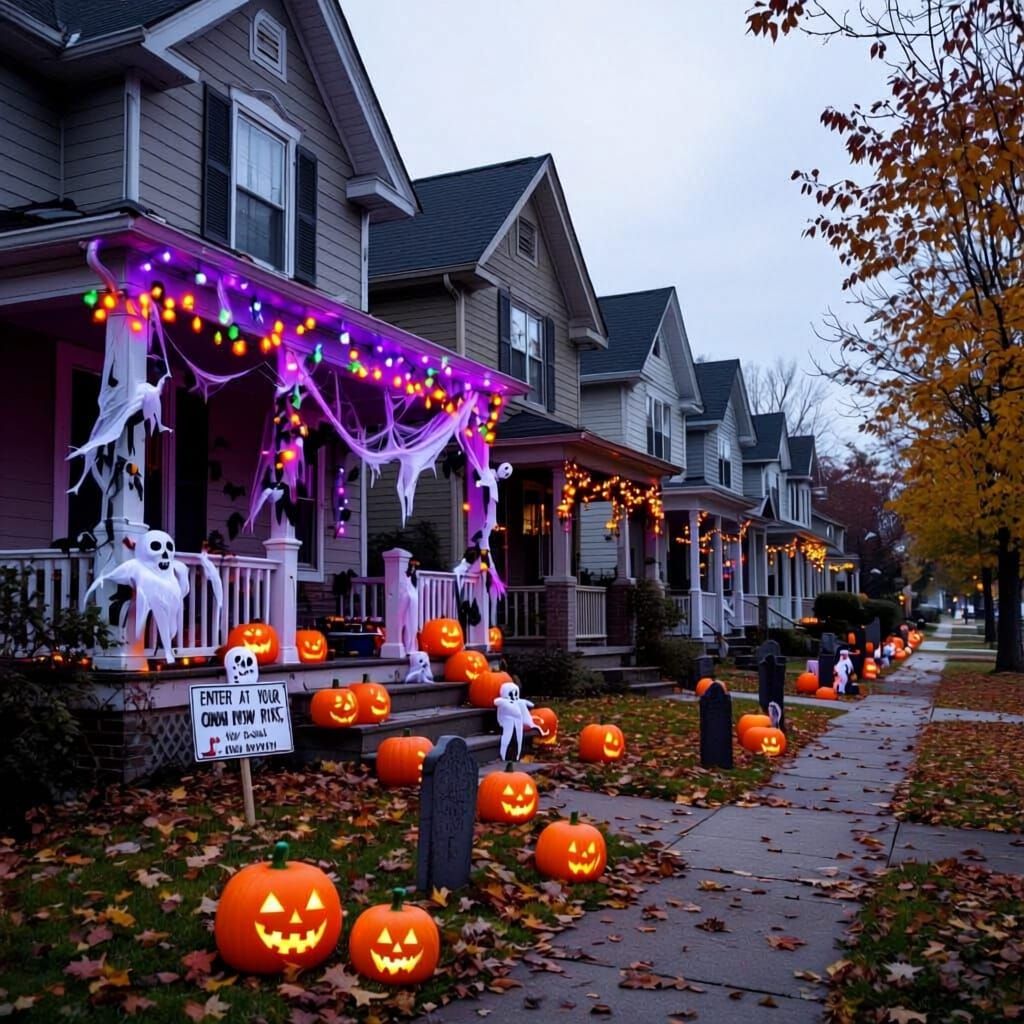 Spooky Halloween Decorations in American Suburbia
