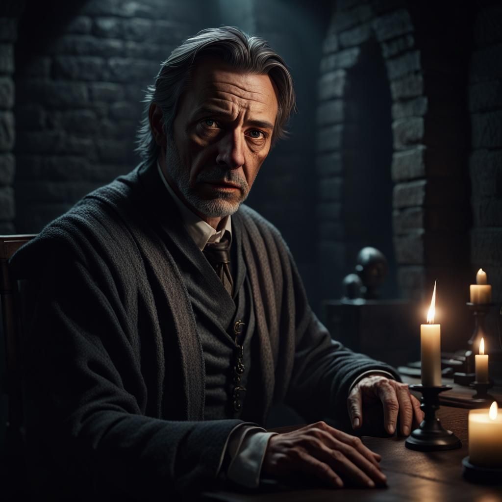 Hyperrealistic Interrogator in Dark Castle Dungeon