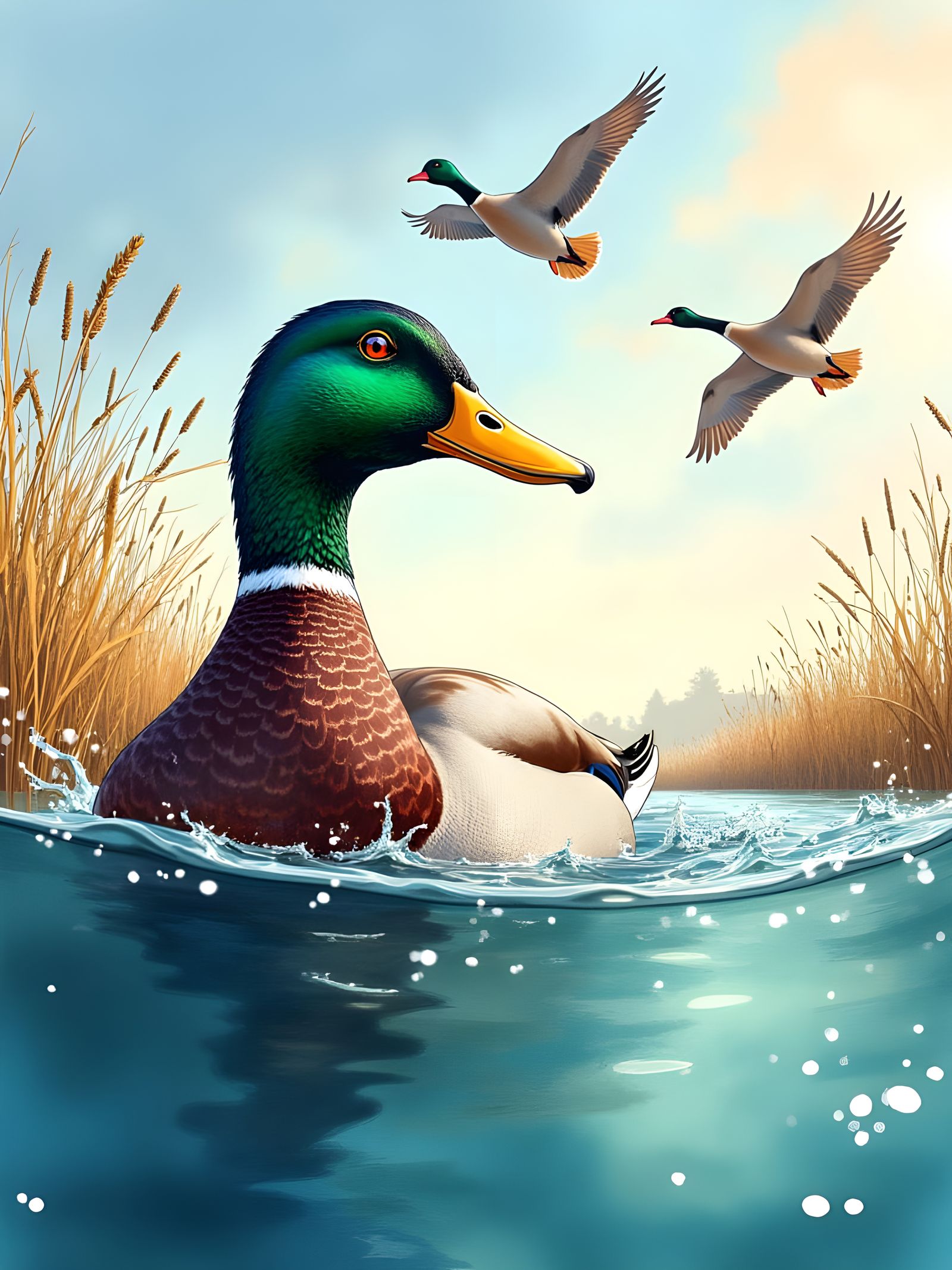 Mallard Duck in Water, Comic Art Style