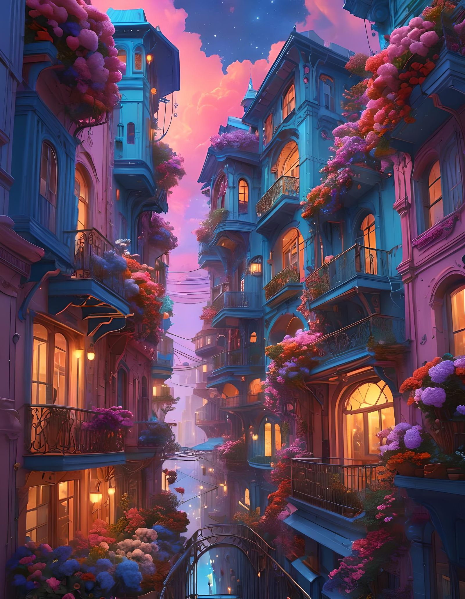 Fantasy Cityscape with Vivid Balconies and Lights