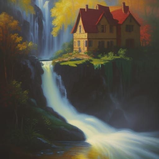 Baroque House at Waterfall in Impasto Style