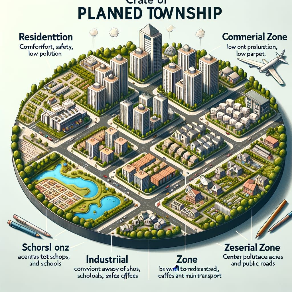 AI Art: Planned Township with Five Distinct Zones