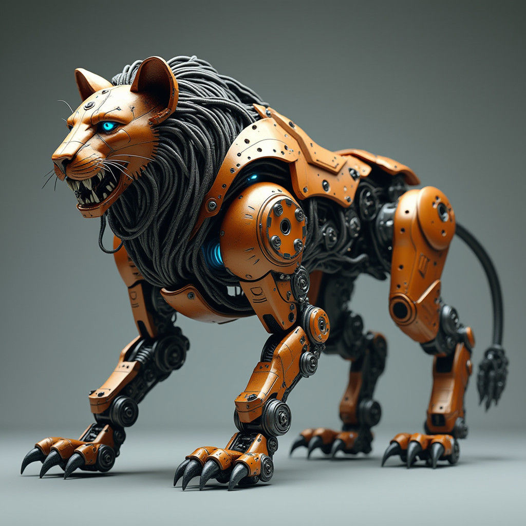 Mechanical Lion Robot Fusion: Metallic Organic Art