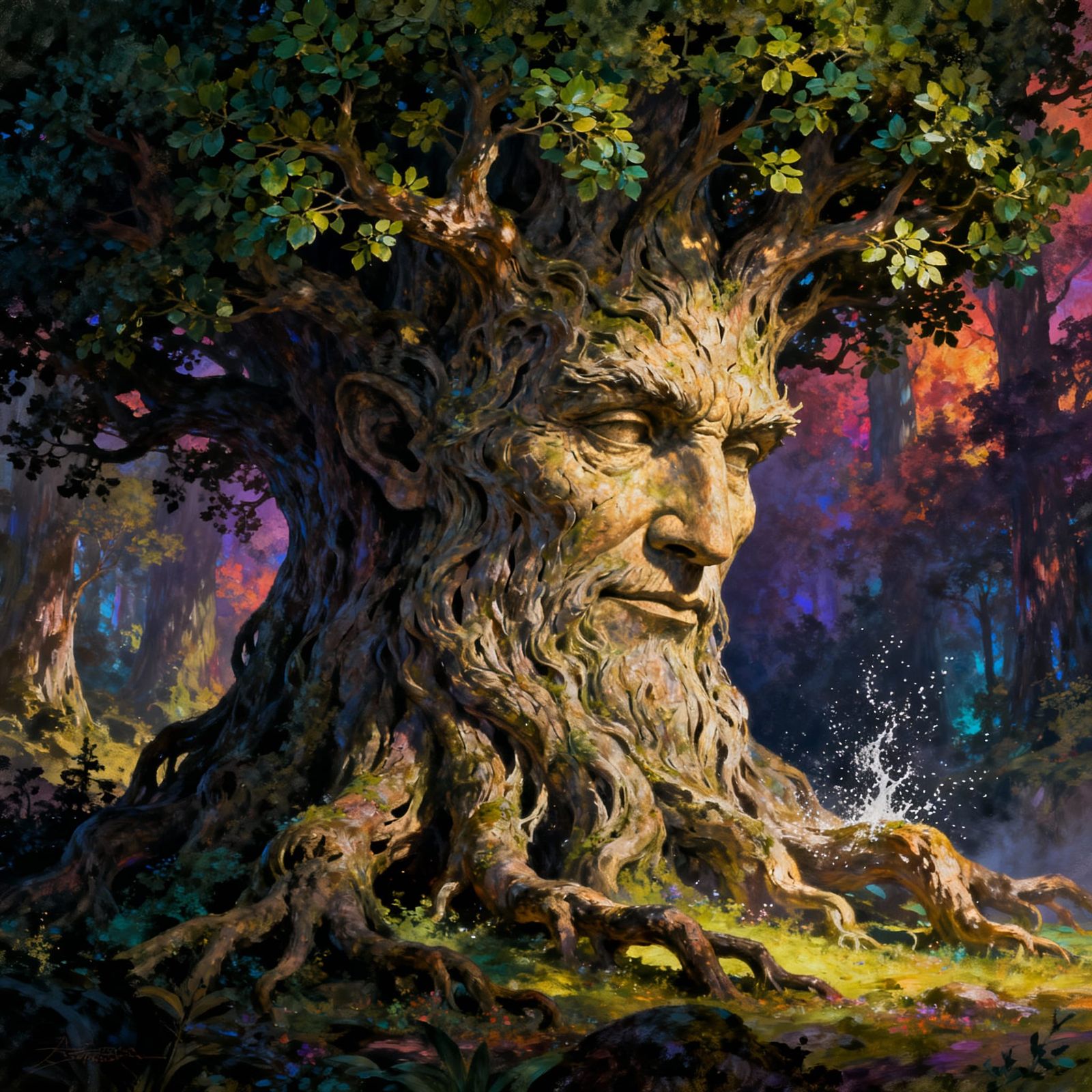 Wise Ancient Tree Spirit in Epic Fantasy Art Style