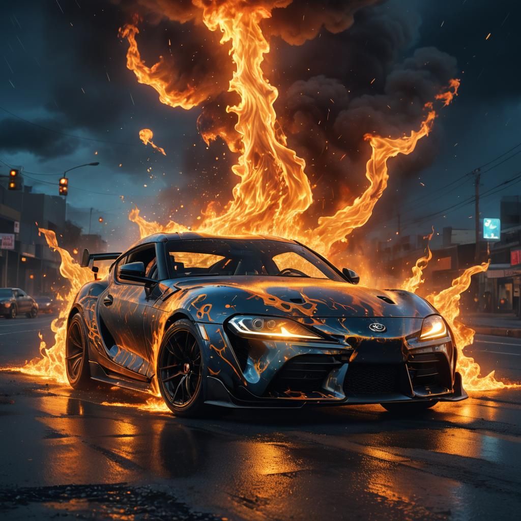 Toyota Supra Engulfed in Flames on Highway
