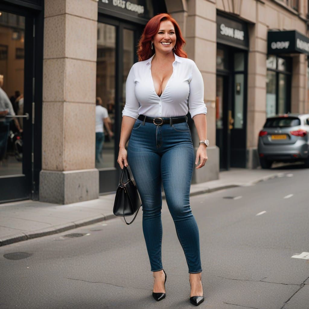 Curvy Woman in Jeans and High Heels
