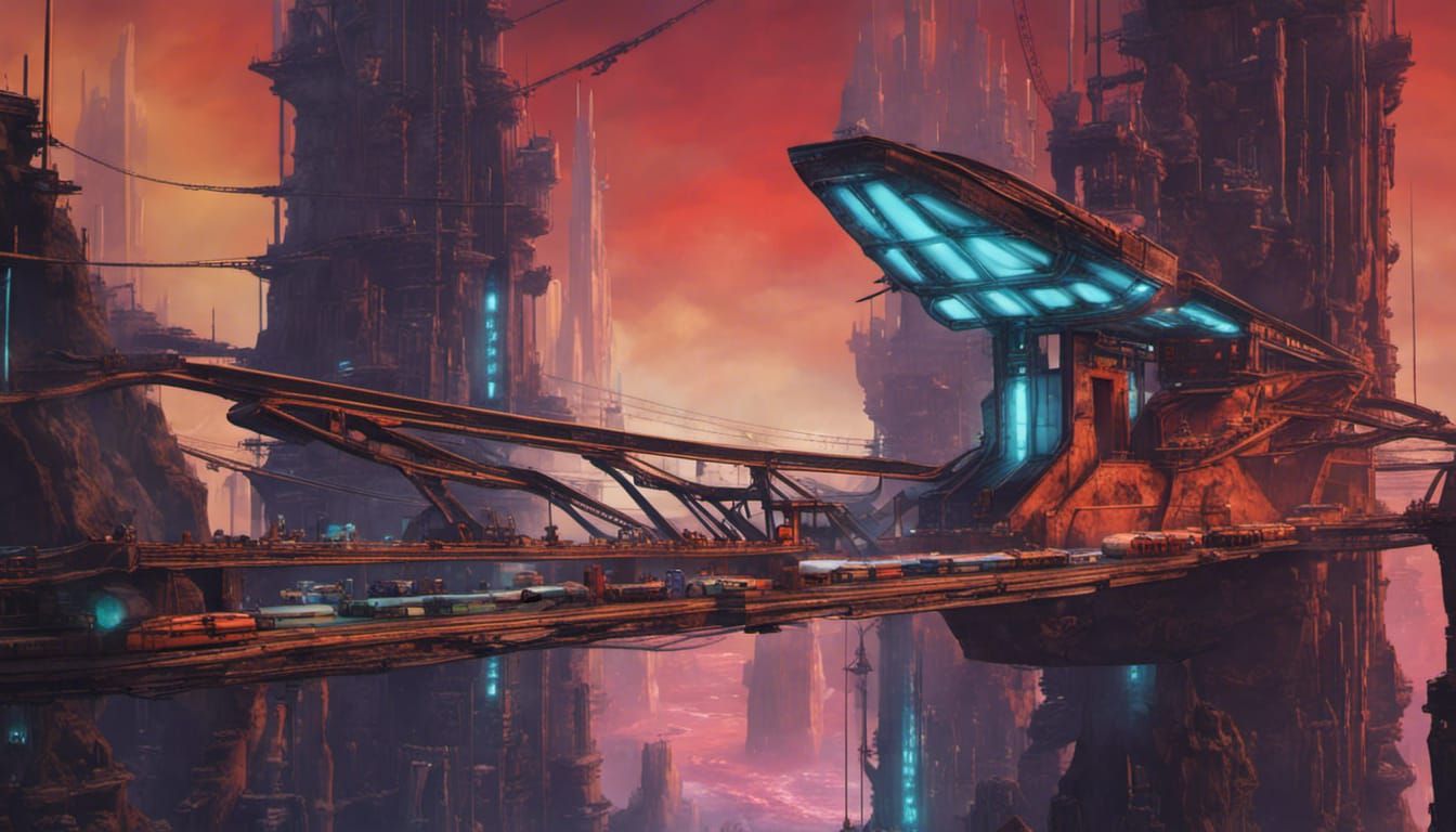 Dystopian Suspension Bridge Rebel Base in Vivid Colors