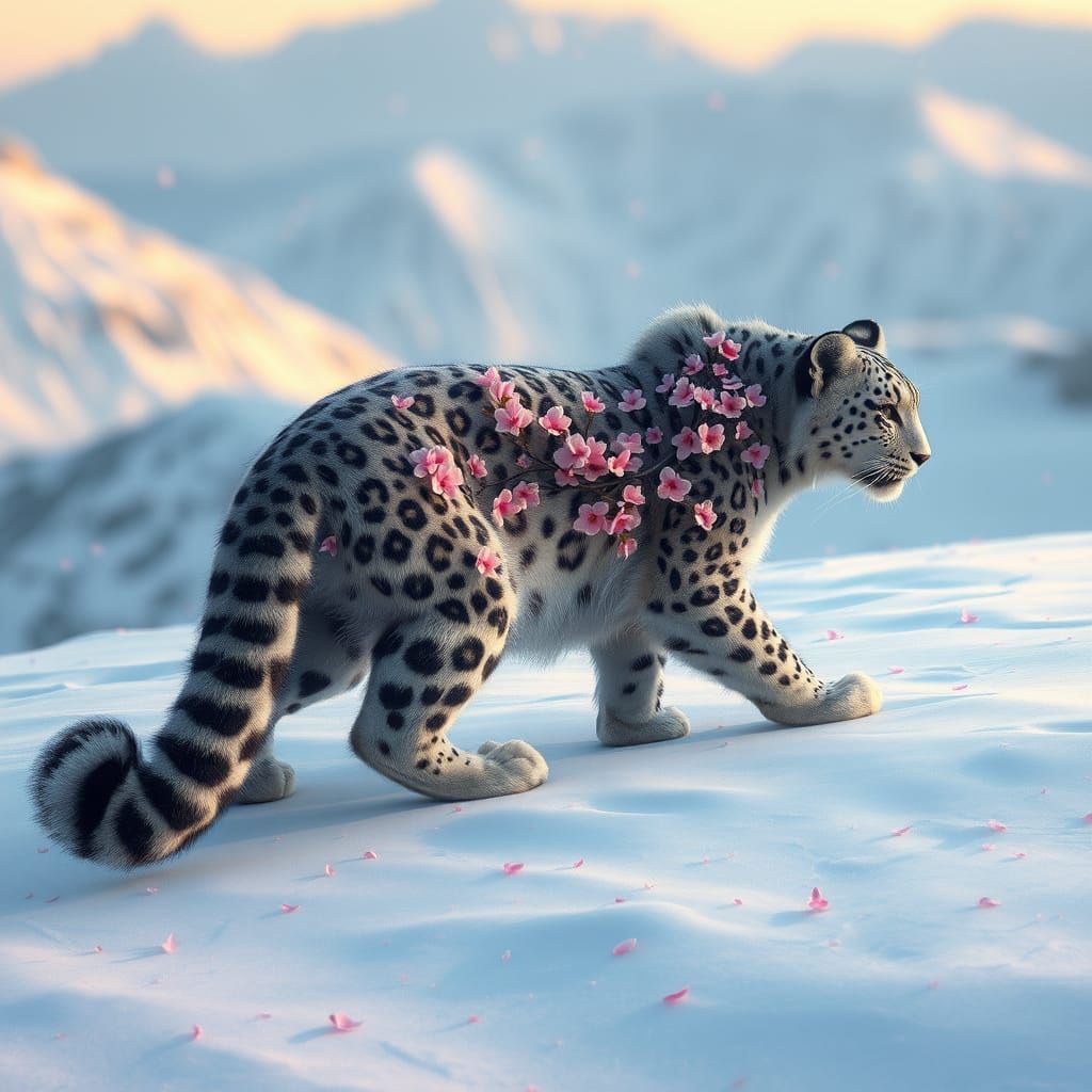 Snow Leopard Amidst Blossoming Sakura in a Whimsical Fantasy...