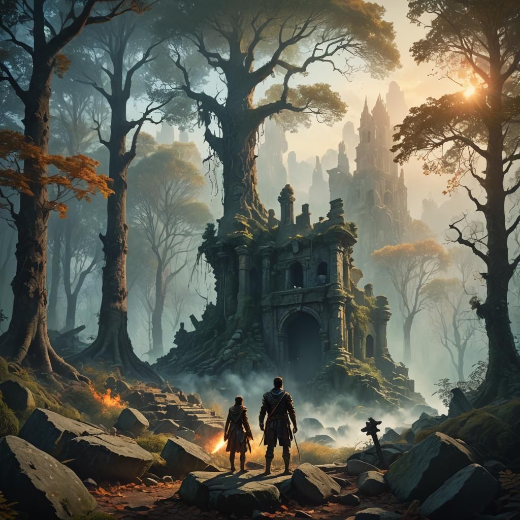 Mystical Forest Adventurer in Matte Painting Style