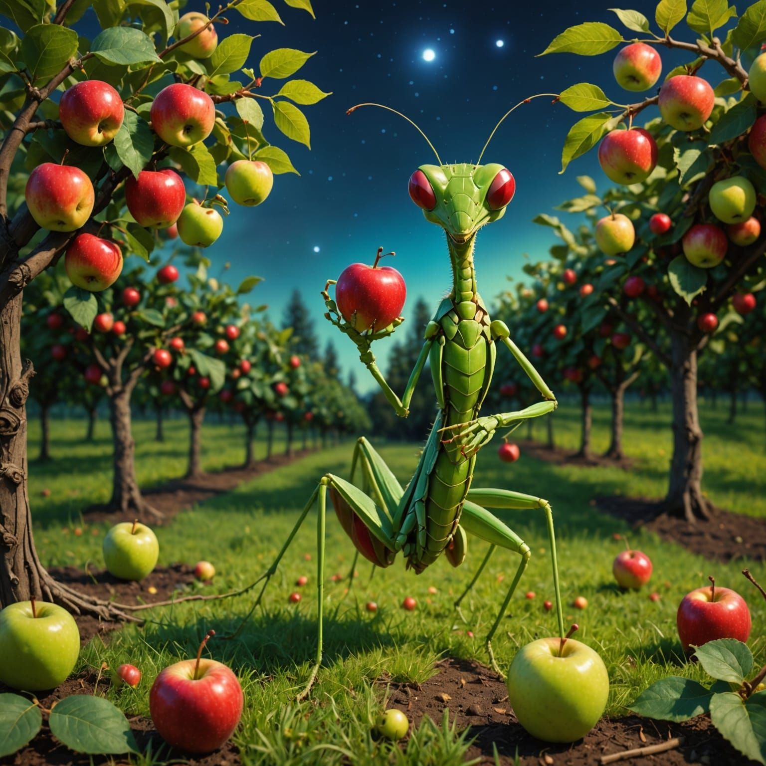 Anthropomorphic Mantis Picks Glowing Apples in Orchard