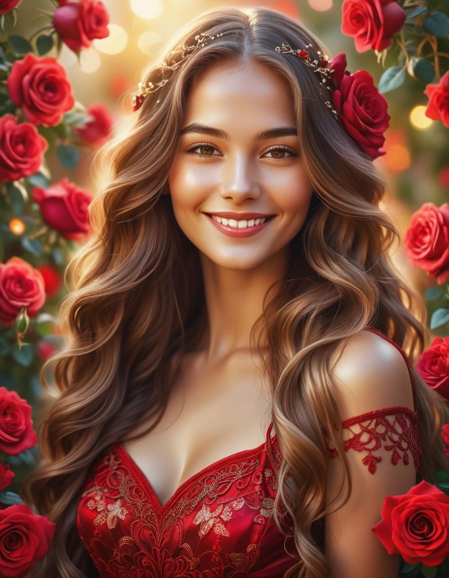 Beautiful Woman with Roses in Digital Portrait