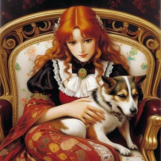 Woman Petting Dog, in Style of Classic Masters