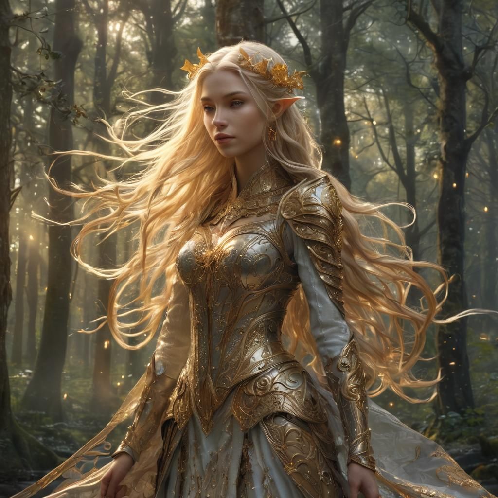 Majestic Elf Woman in Forest, Fantasy Illustration