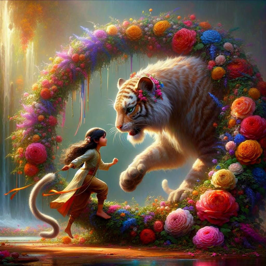 Whimsical Feline Fantasy in Vibrant Floral Setting