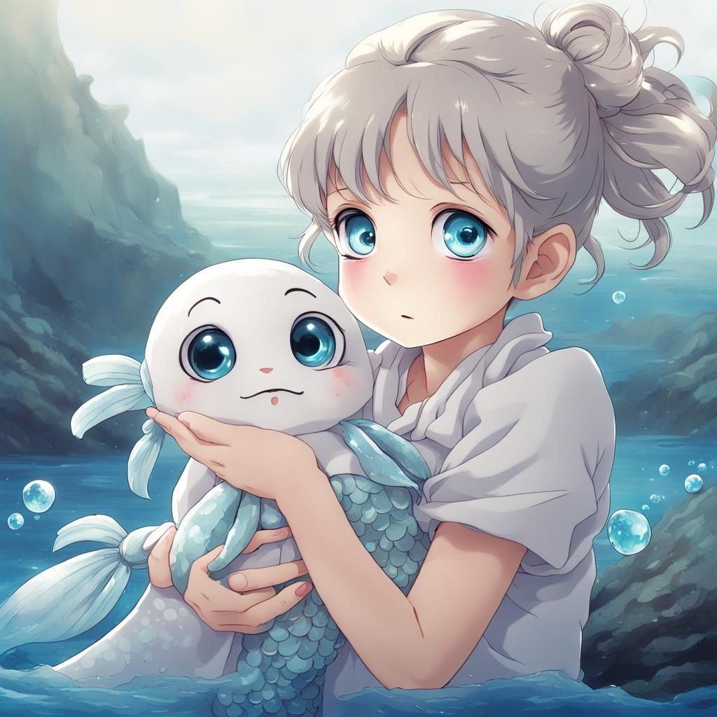 Crying Girl with Mermaid in Anime Style
