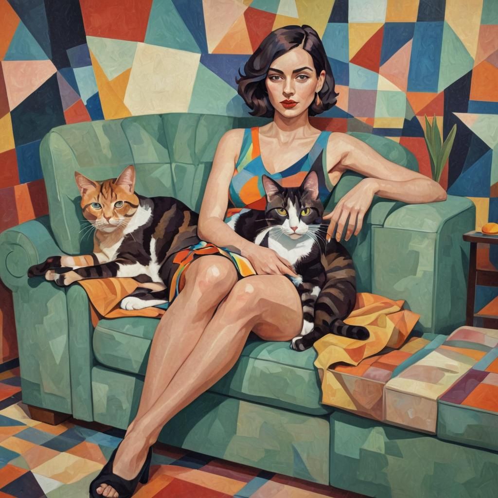 Cubist Woman with Cat Illustration in Neo-Cubism Style