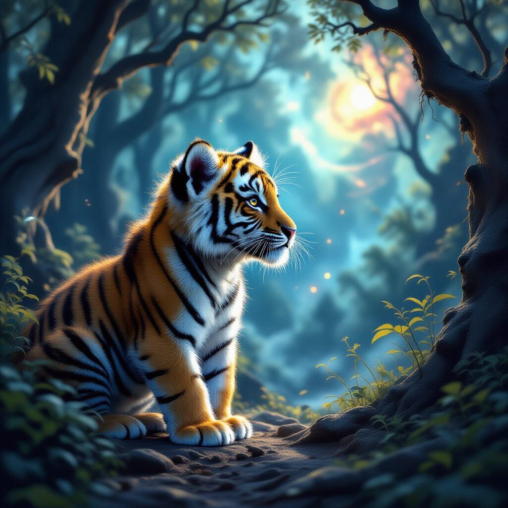 Majestic Tiger Cub in Cosmic Nebula Forest