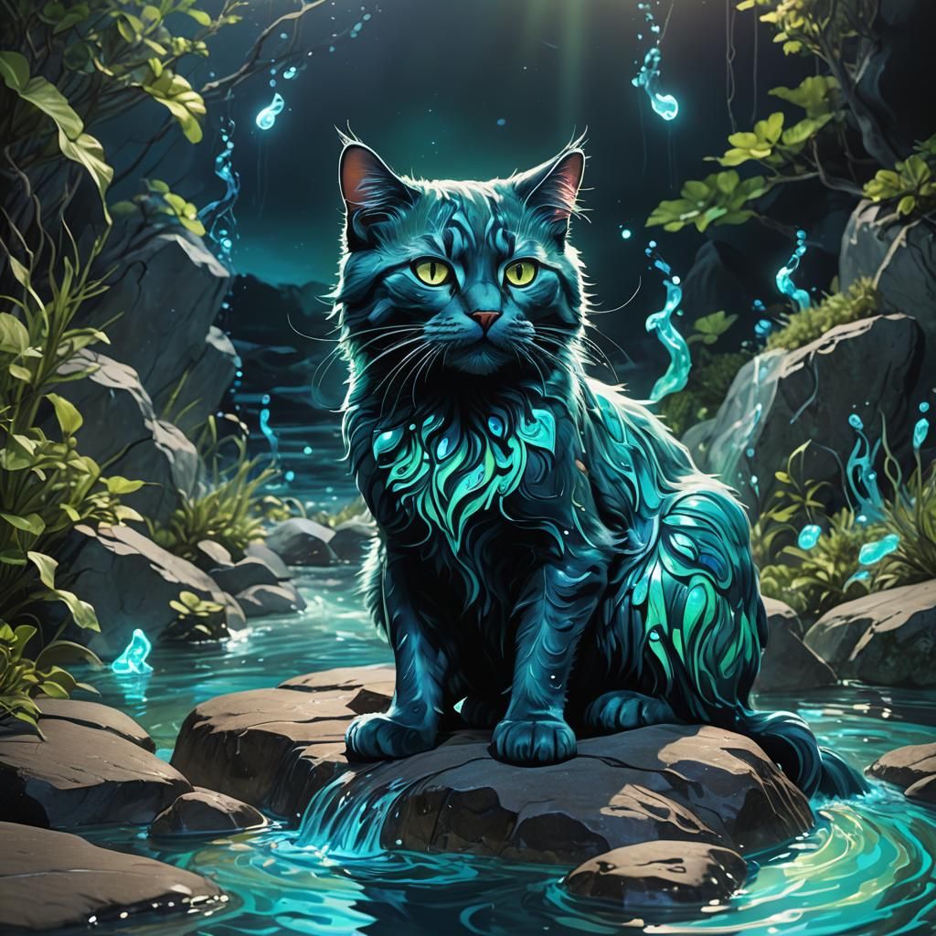 Bioluminescent Blue Cat in a Magical Pool