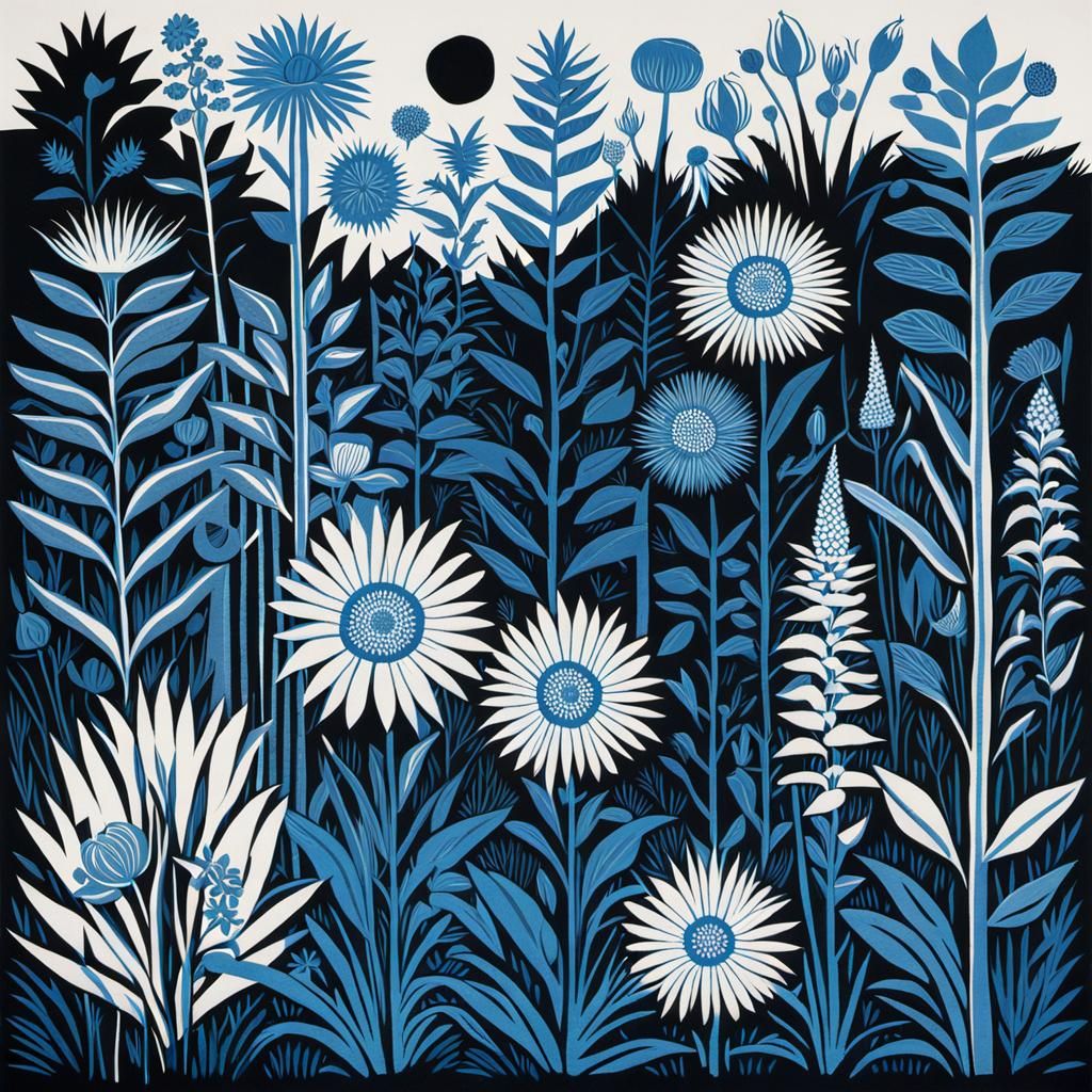 Lush Garden Scene in Linocut Print Style