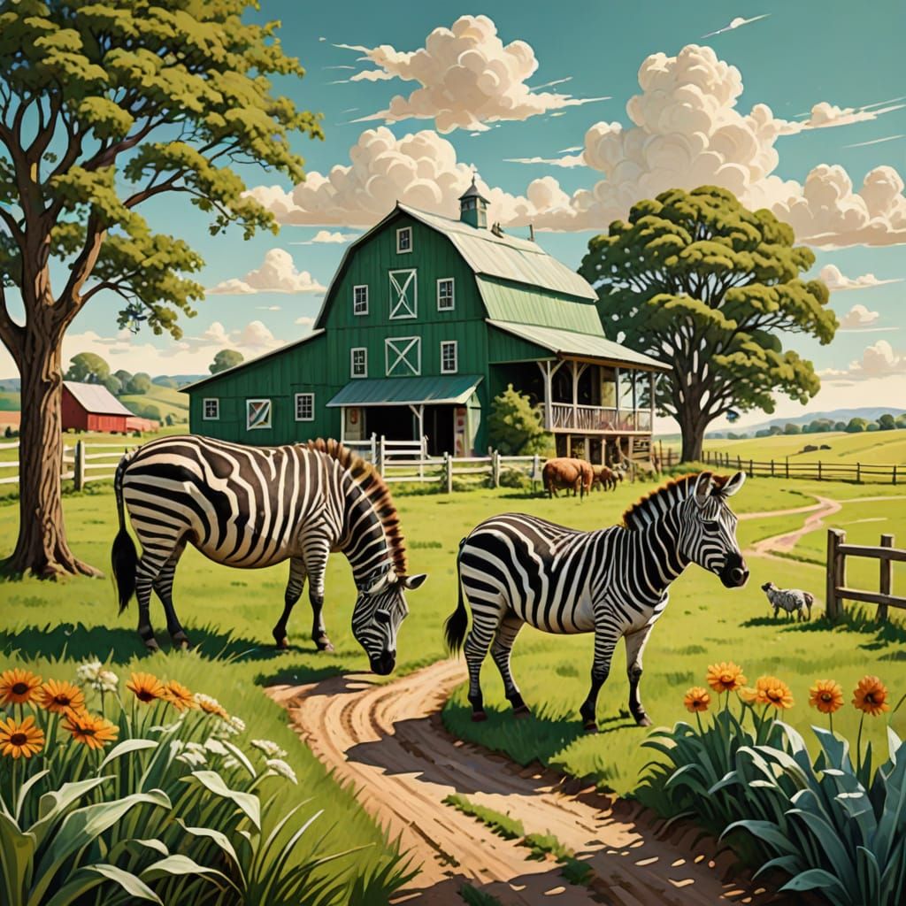 Whimsical Farm Scene with Old MacDonald and a Zebra