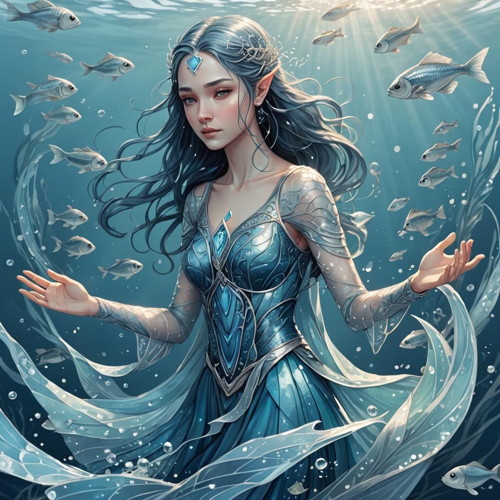 Half-Elven Waterbender in Minimalist Digital Illustration