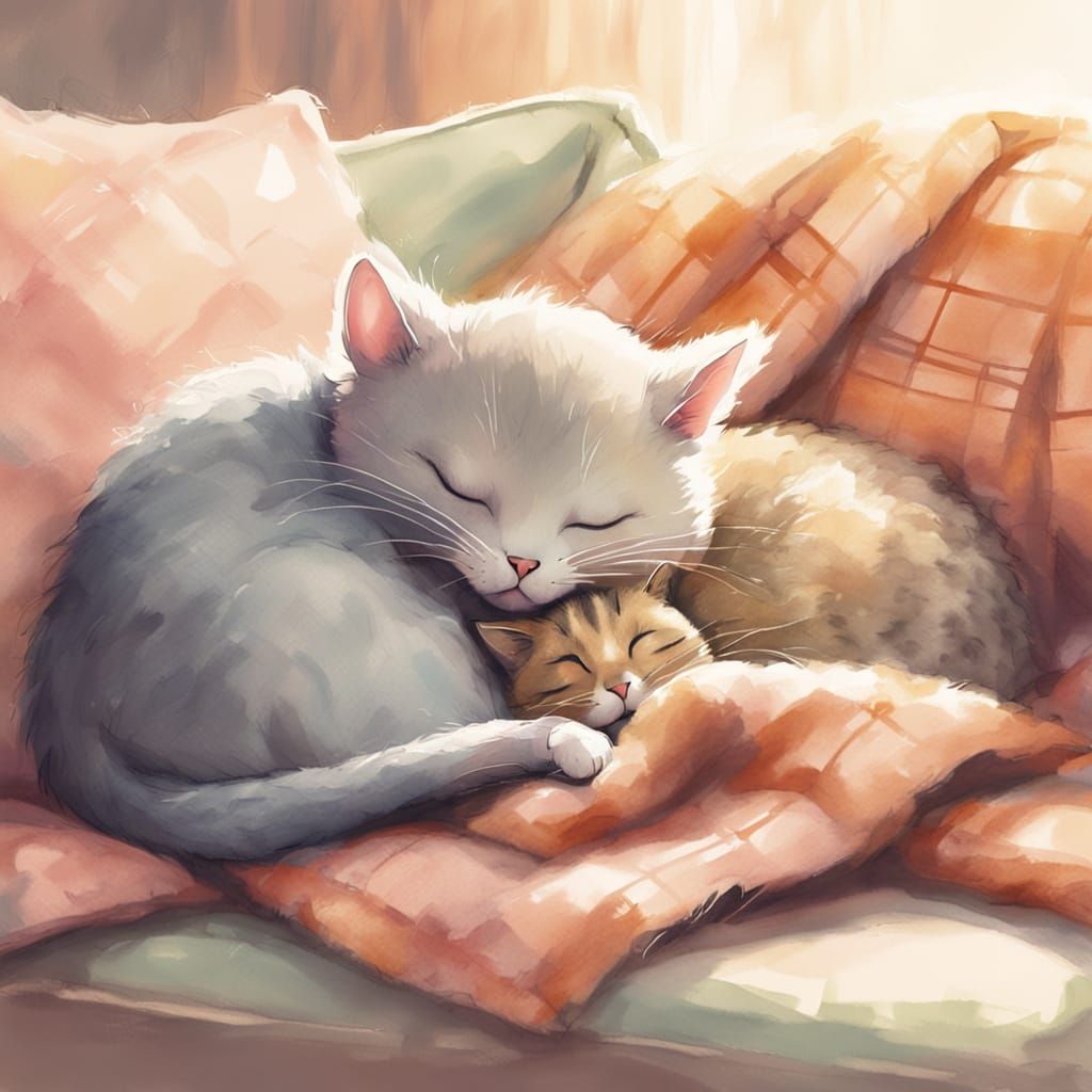 Mouse and Cat Snuggle: Whimsical Watercolor Art