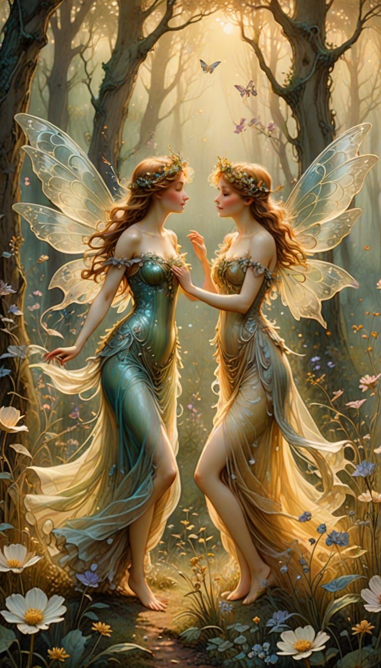 Fairies Dancing in Forest Glade in Art Nouveau Style