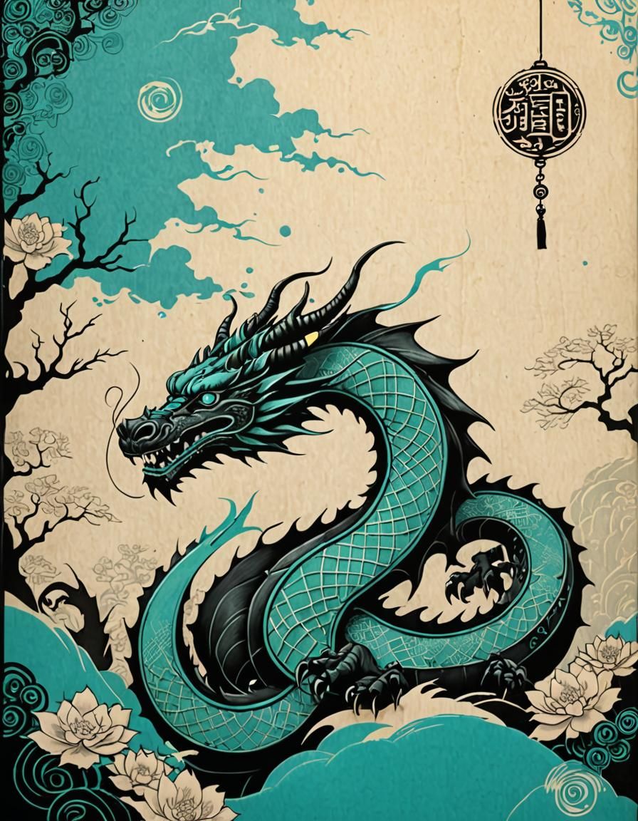 Oriental Dragon Background in Turquoise, Black and Cream