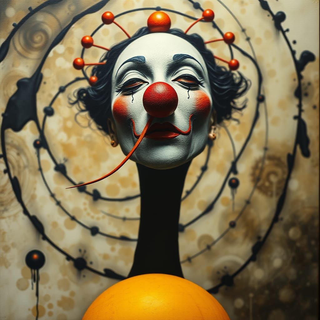 Surreal Clown Woman in Scorched Geometric Setting