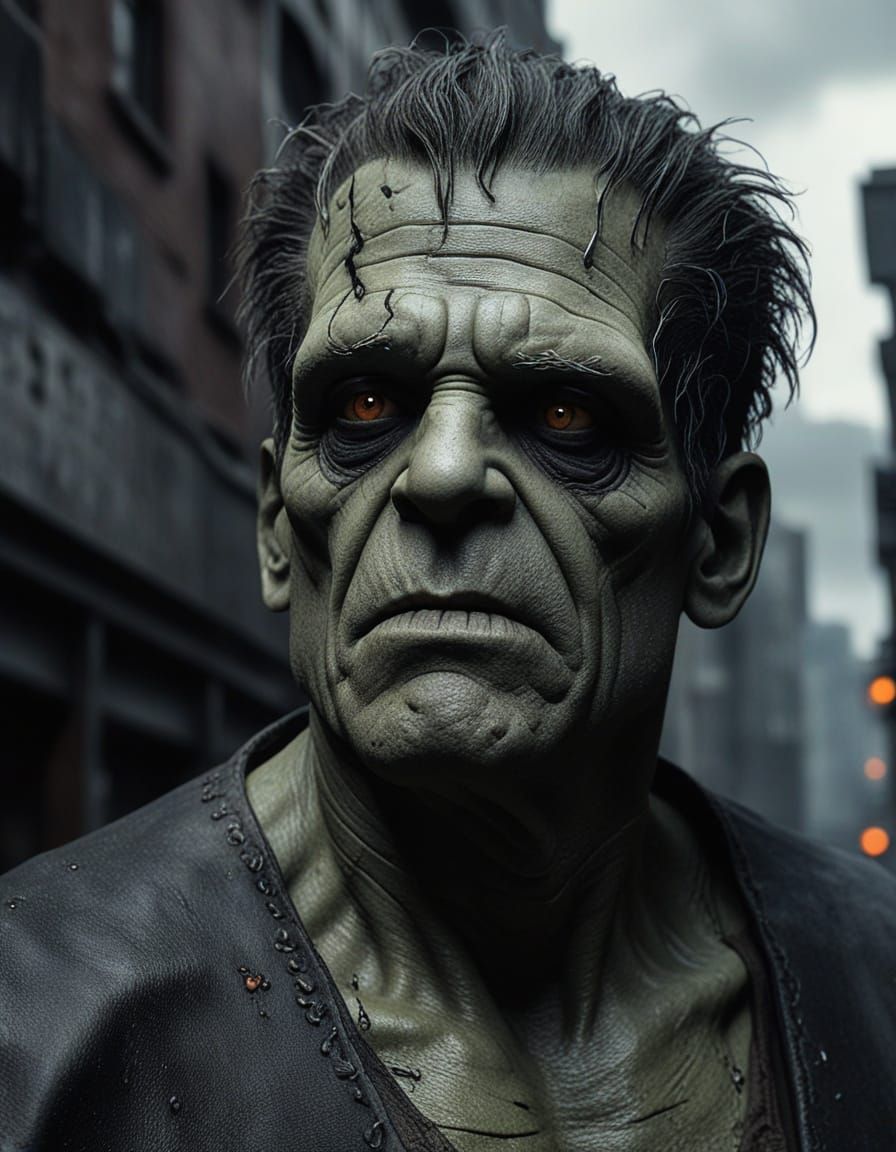 Grimdark Frankenstein's Monster in a Noir Fey Cityscape