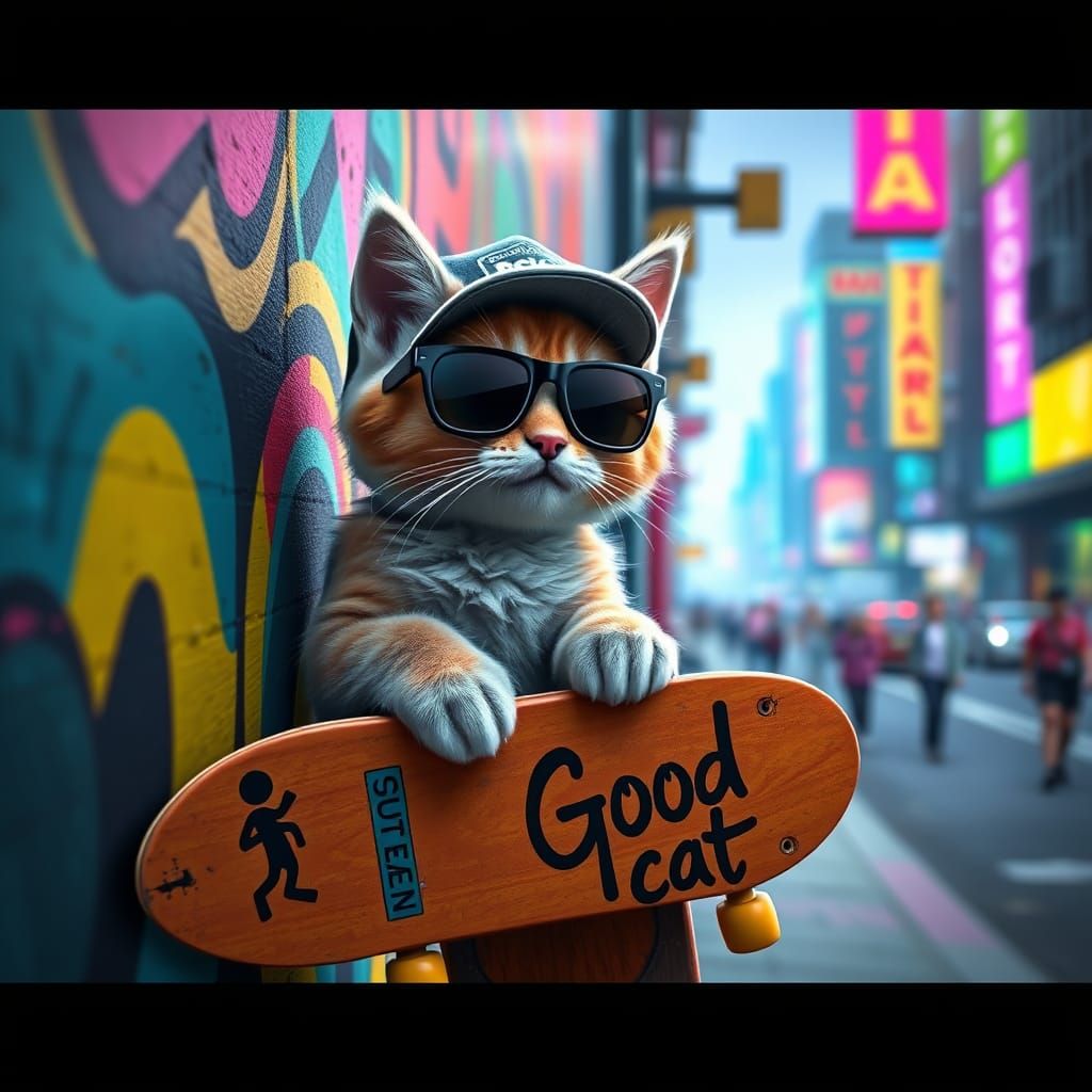 Trendy Angora Kitten in Cyberpunk Cityscape: 3D Render