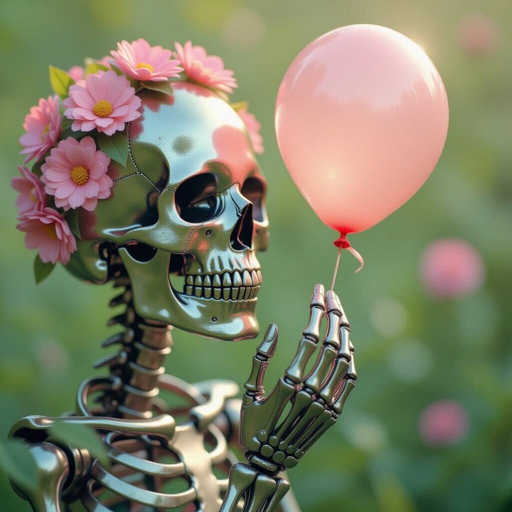 Floral Skull and Balloon in Overgrown Garden