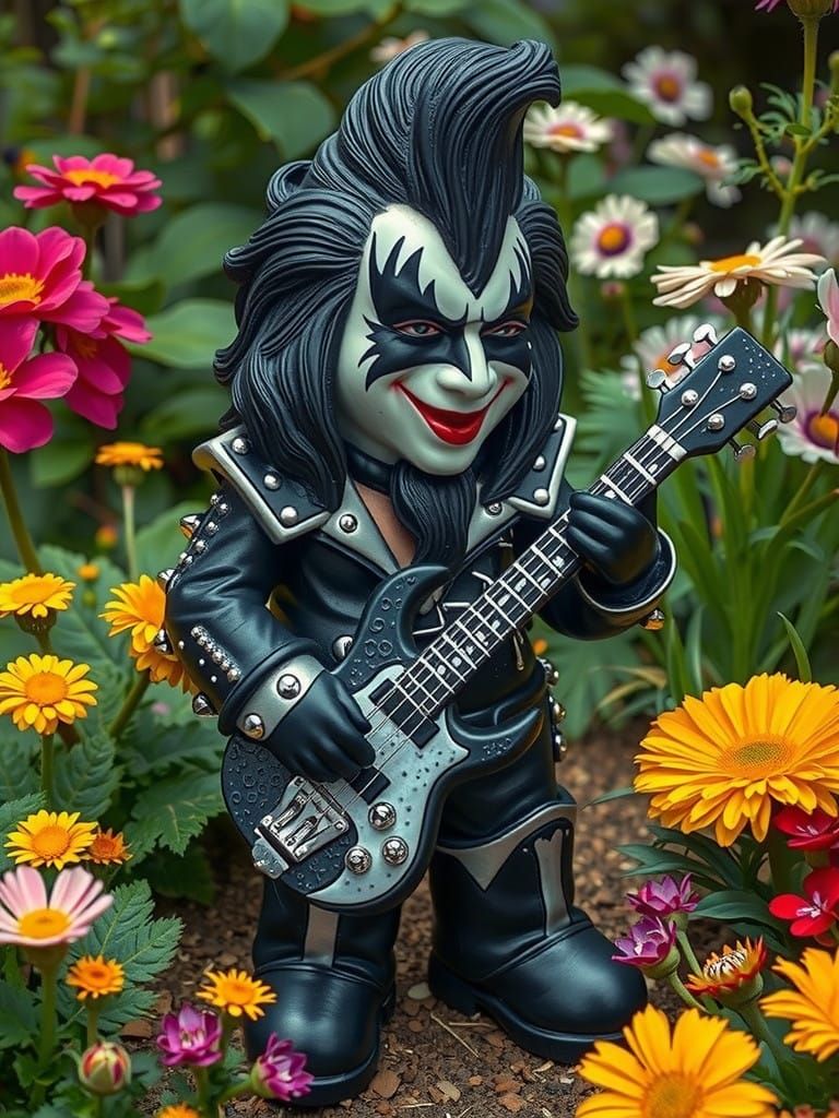 Whimsical Gene Simmons Gnome in Vibrant Garden Setting