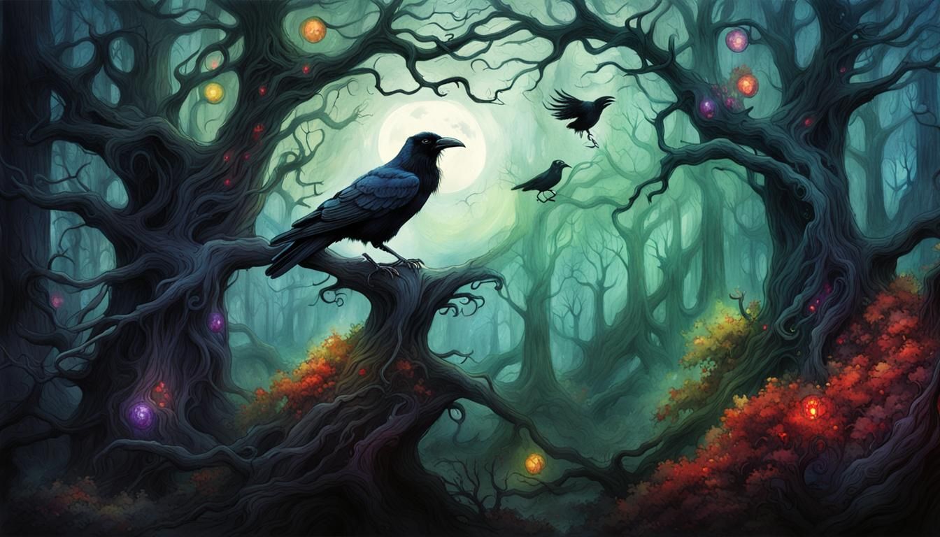 Mystical Raven in Gothic Forest, Watercolor Art