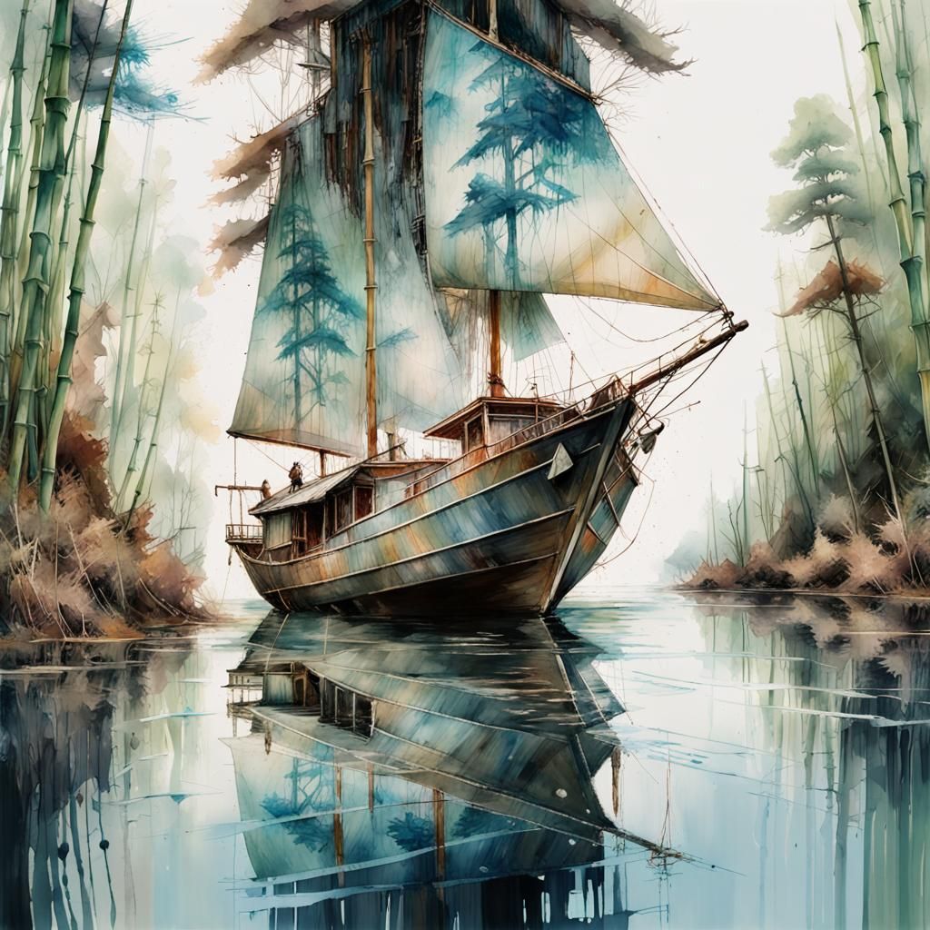 Double Exposure Sailboat and Bamboo Grove Watercolor